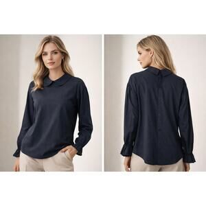 NEW Zara Black Peter Pan Collar Long Bishop Sleeves Button Down Back Blouse